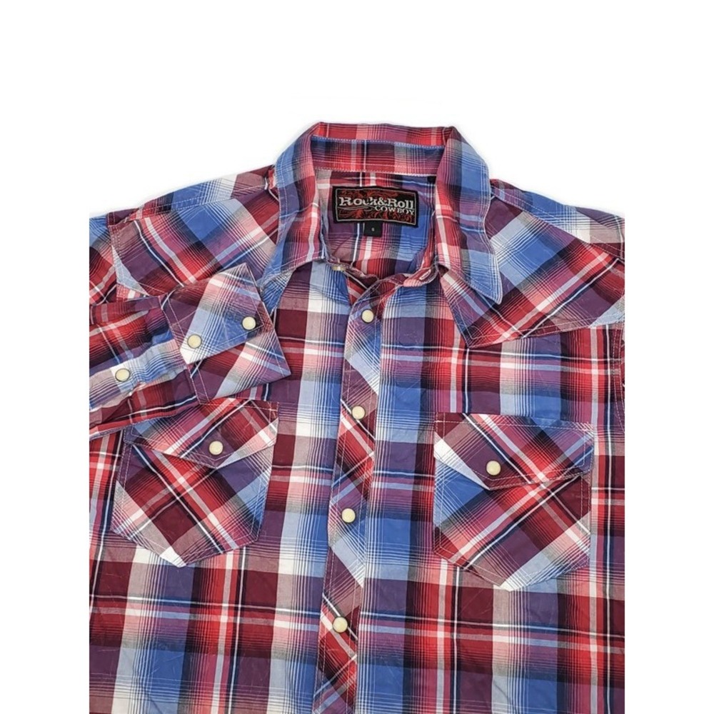 Rock and Roll Cowboy Mens Red Blue Plaid Pearl Snap Western Shirt B2S1151 Small